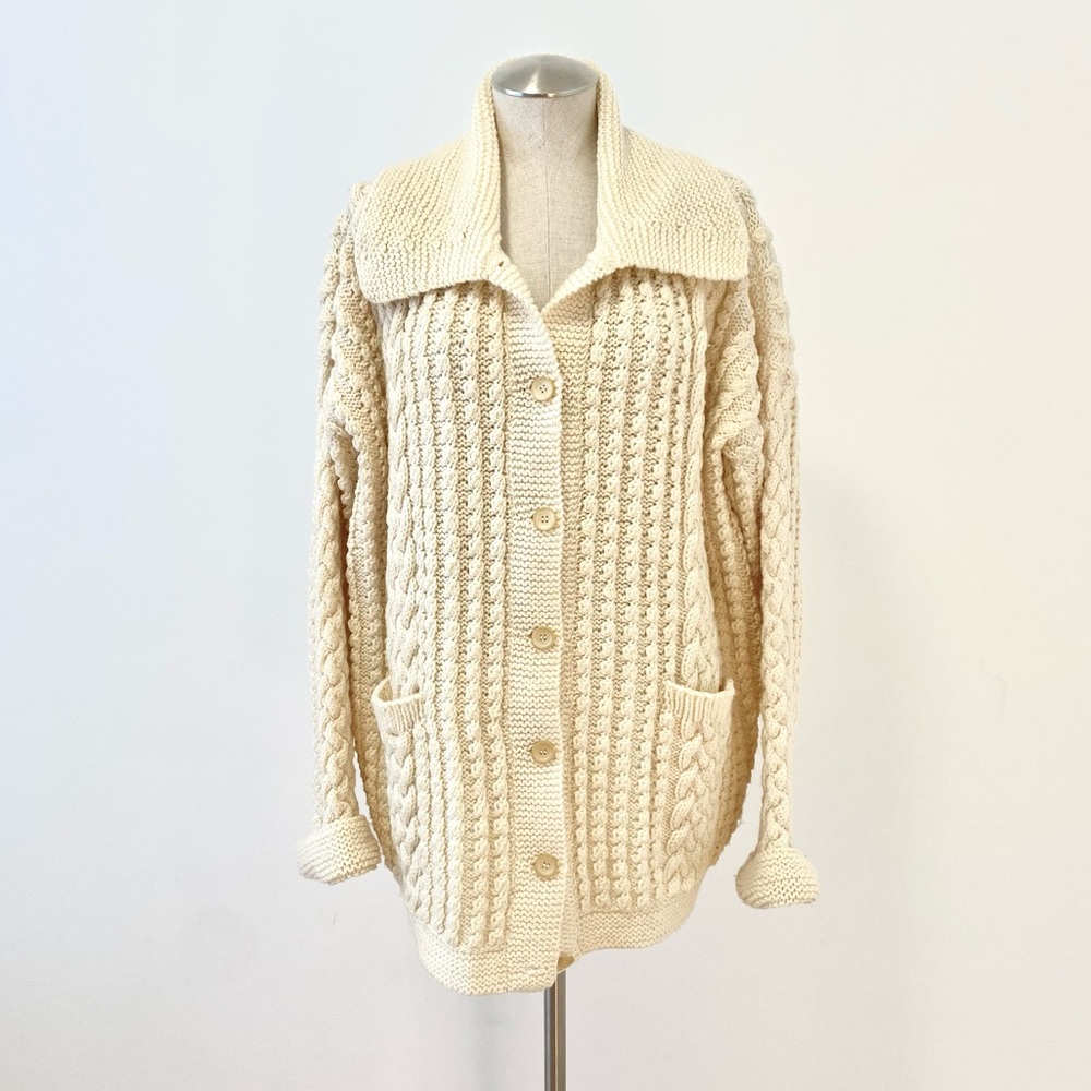 Vintage Handmade Chunky Cable Knit Cardigan Cream Oversized Cozy Sweater